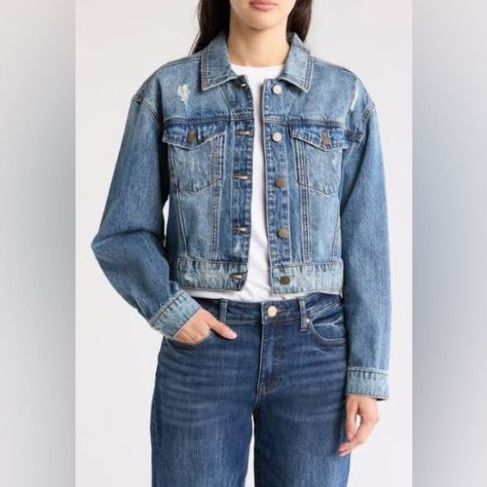 Imperial Star Light wash Denim crop Jacket distressed detail button up Jean coat